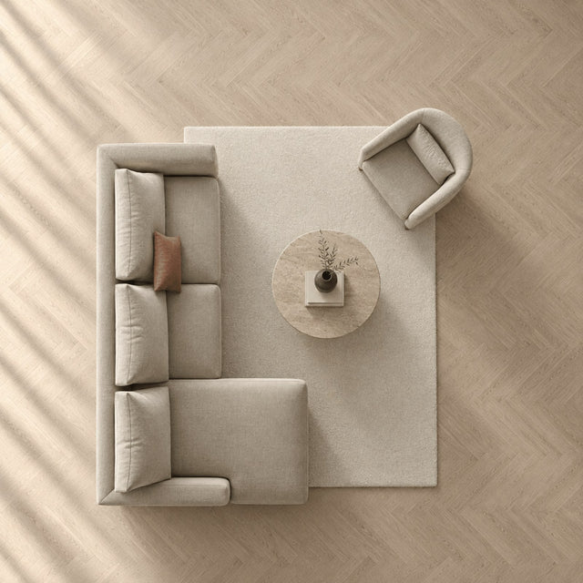 Tapis 160 × 230 cm vu du dessus, avec canapé et fauteuil