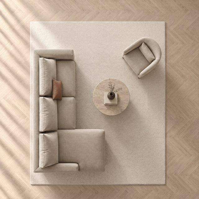 Tapis 200 × 300 cm vu du dessus, avec canapé et fauteuil
